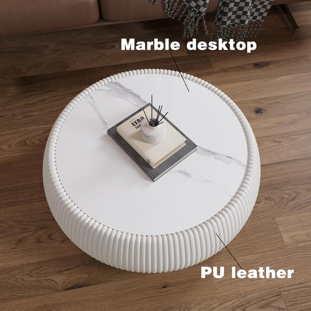 27.55' Round Marble Coffee Table,White Fluted Coffee Table with White Sintered Stone Top & PU Leather Covered, Modern Drum Coffee Cocktail Center Tables for Living Room,No Need Assembly