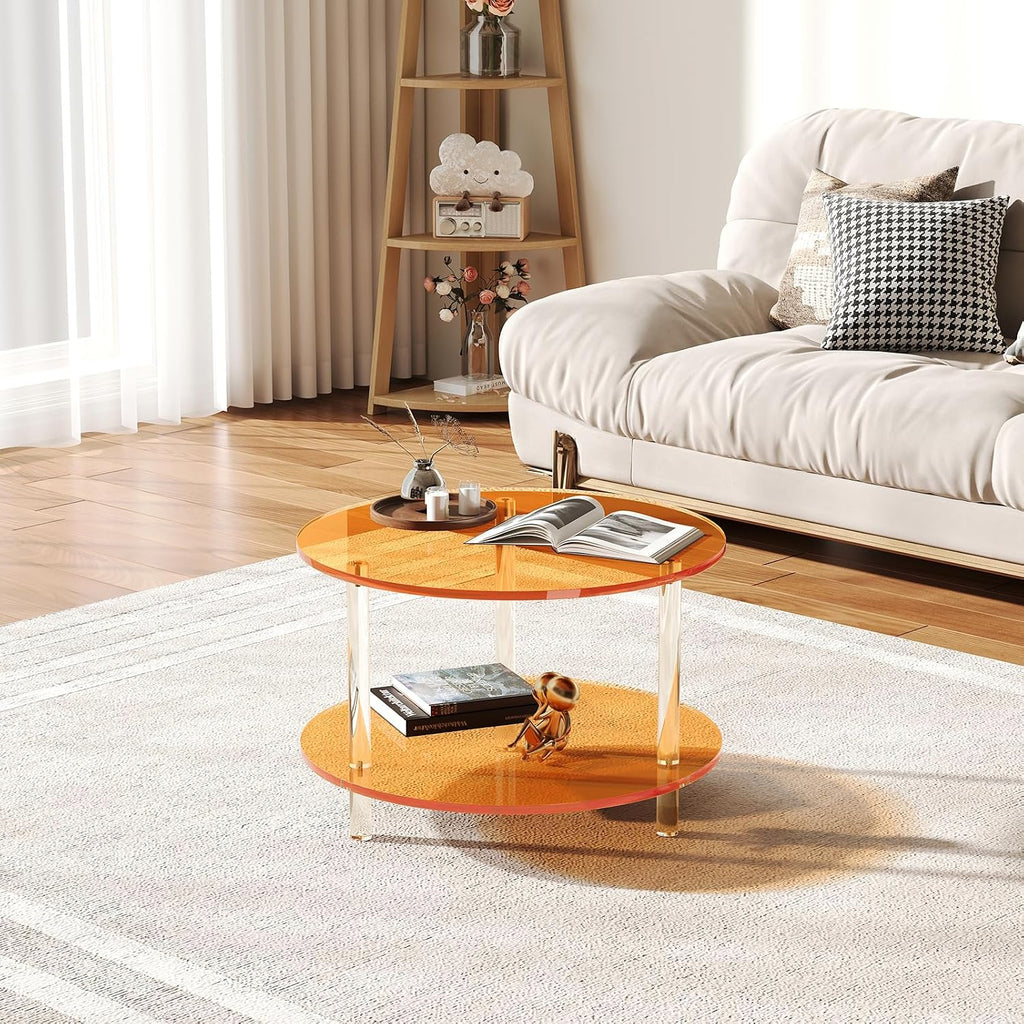 Acrylic Round Coffee Table, 23.6' Wide Modern Tea Table with Storage Shelf, 2-Tier Circle Center Table for Living Room, Office Reception and Apartment (Orange)
