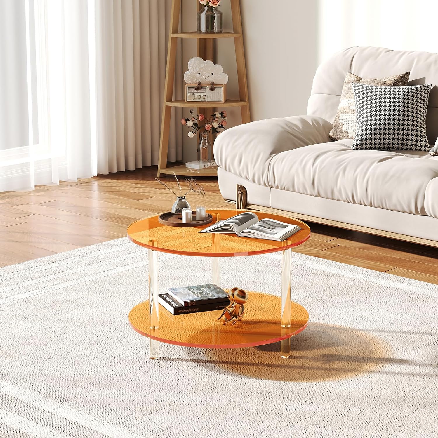 Acrylic Round Coffee Table, 23.6' Wide Modern Tea Table with Storage Shelf, 2-Tier Circle Center Table for Living Room, Office Reception and Apartment (Orange)