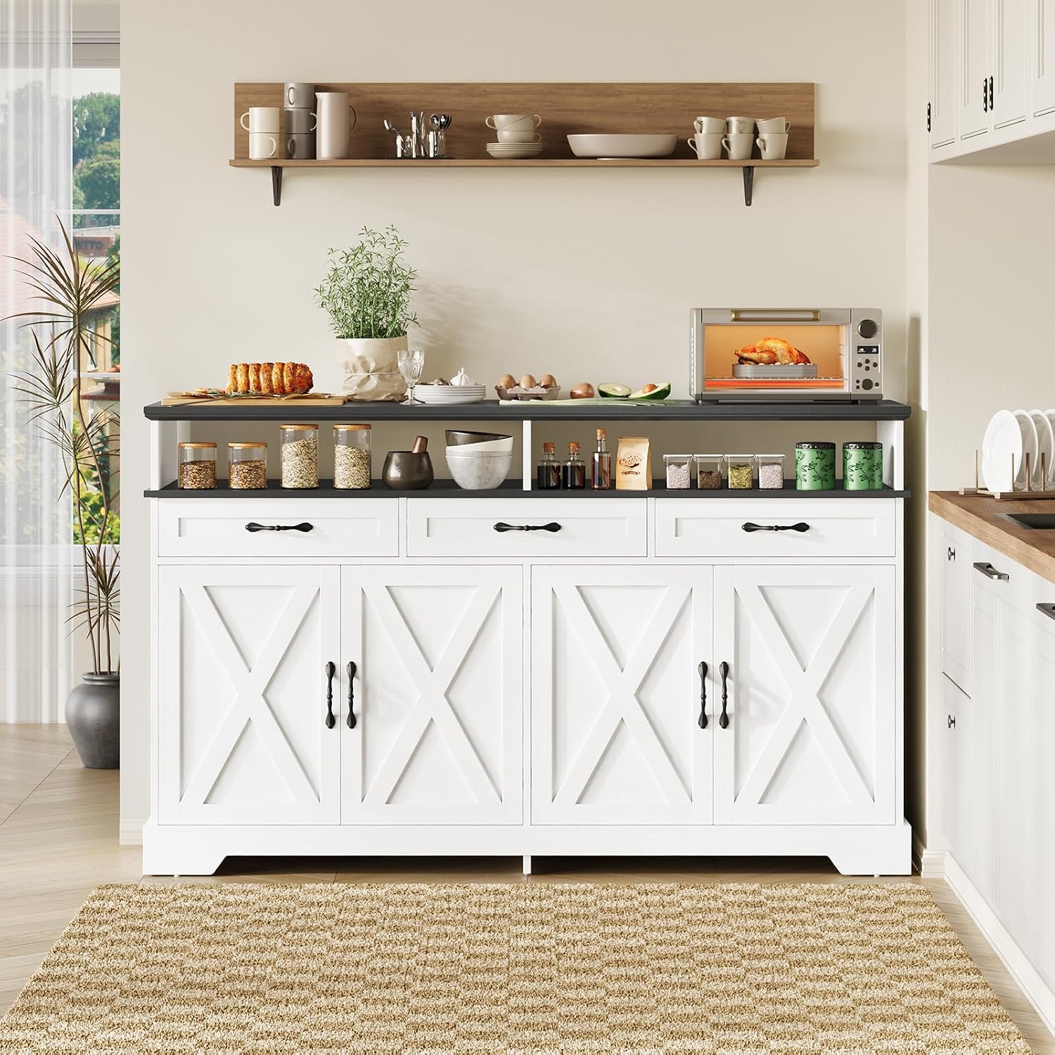 Yanosaku 63'' Buffet Cabinet with Storage, Farmhouse Sideboard Cabinet with Charging Station, Coffee Bar Cabinet, Sideboard Buffet Cabinet for Kitchen, Living Room, Hallway, White