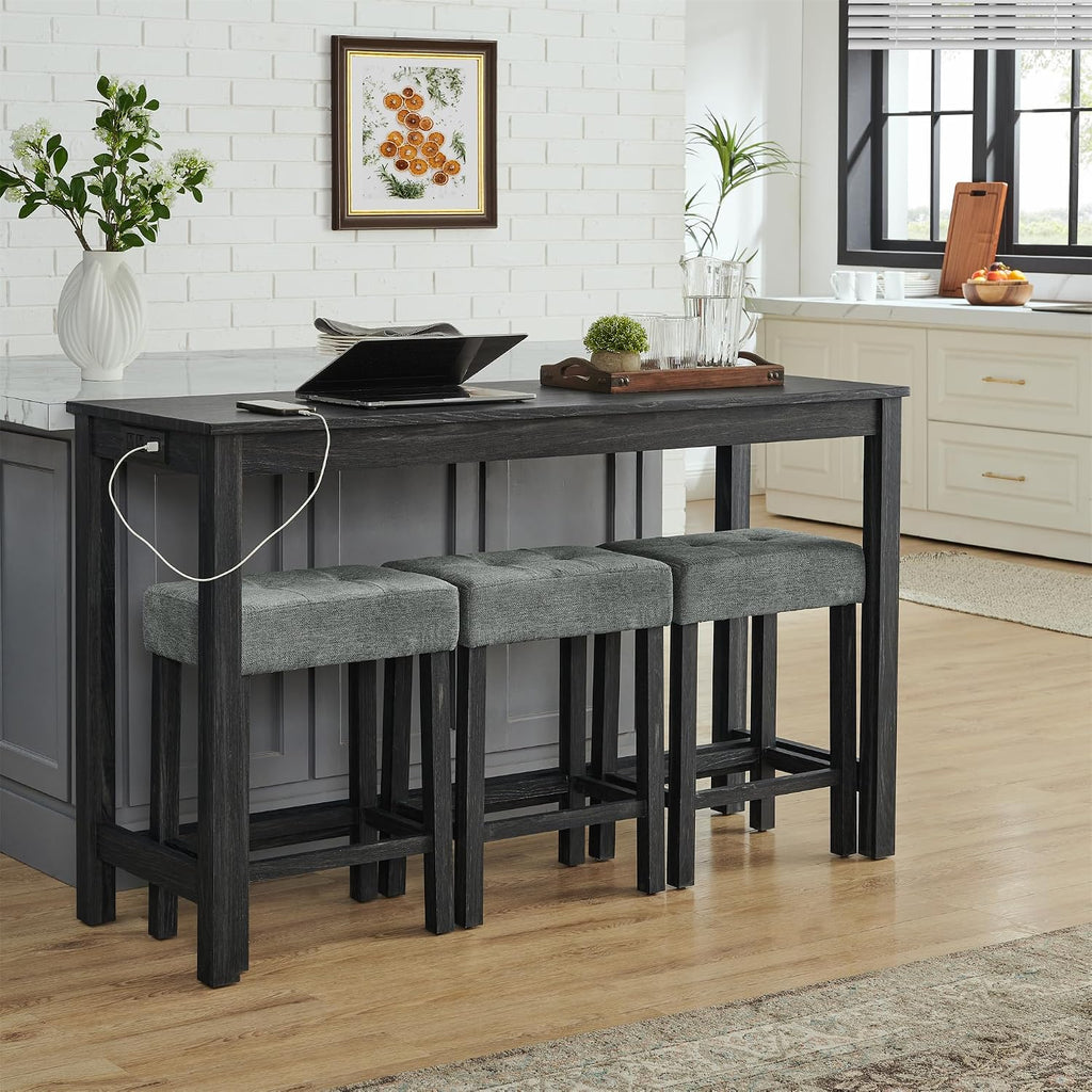Merax 59' Bar Table Set with Power Outlet,Industrial Breakfast Table with 3 Upholstered Stools w/Footrest,4 Piece Counter Height Bar Table and Chair Set for Living Room,Dining Room,Kitchen,Black