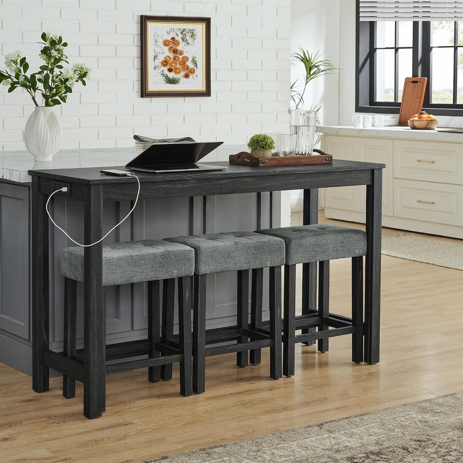 Merax 59' Bar Table Set with Power Outlet,Industrial Breakfast Table with 3 Upholstered Stools w/Footrest,4 Piece Counter Height Bar Table and Chair Set for Living Room,Dining Room,Kitchen,Black