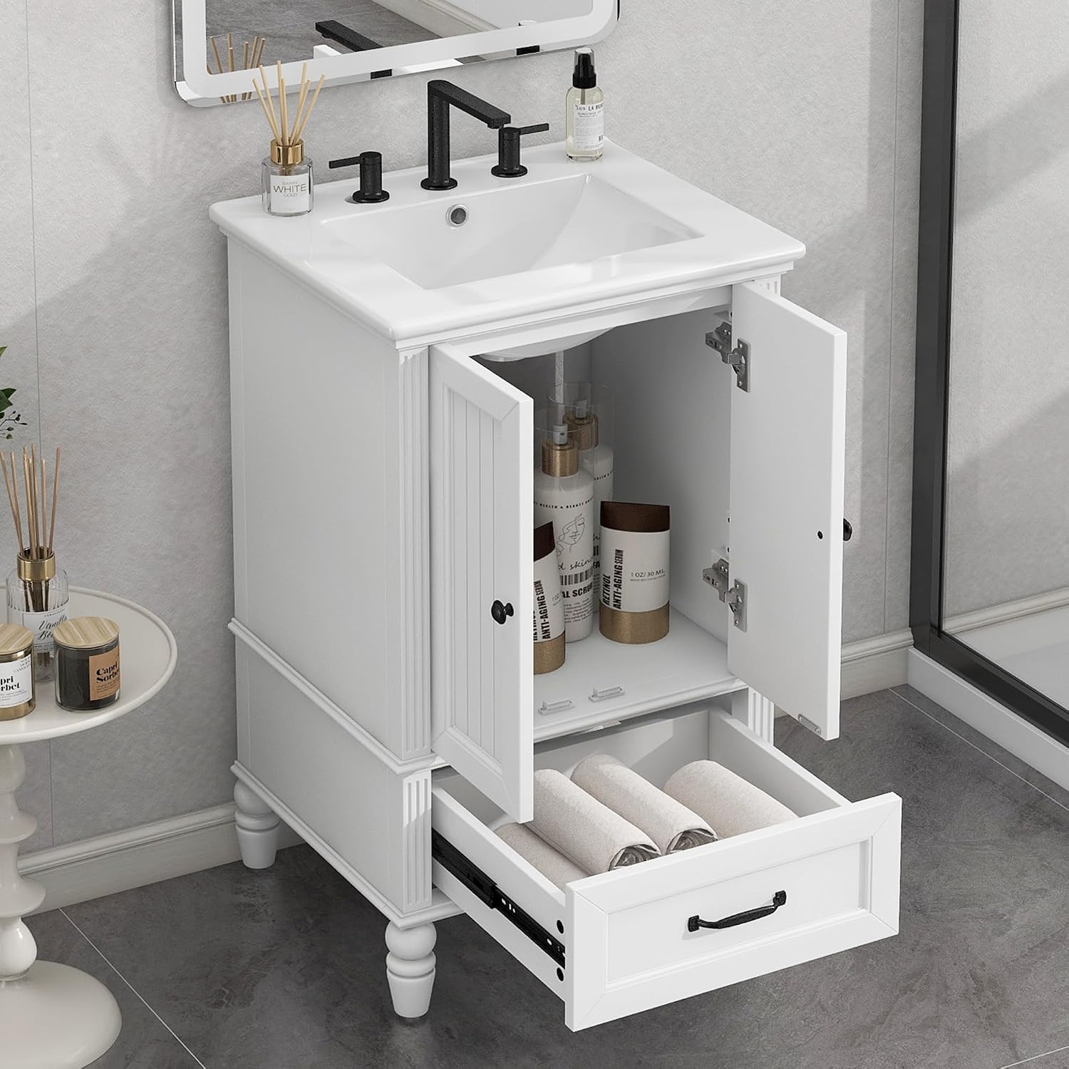Bathroom Vanity with Sink, 20' Vanity Sink Cabinet with Ceramic Basin, 2 Doors and 1 Drawer, Free Standing Bathroom Storage Cabinet with Sink Combo Set, White