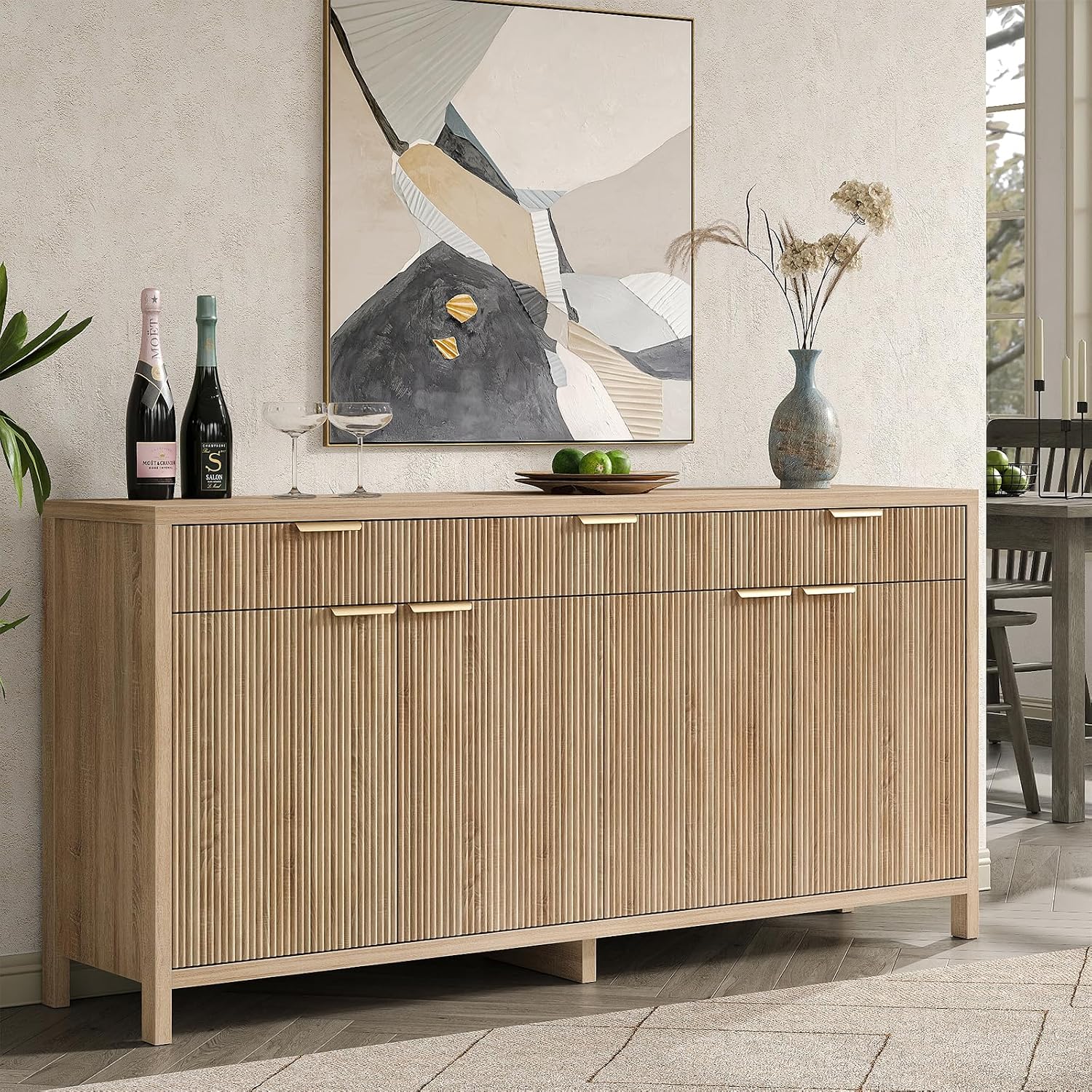 Yanosaku 66' W Fluted Buffet Cabinet, Sideboard Storage Cabinet with 3 Drawers & 2 Cabinets, Mid-Century Coffee Bar Table for Living Room, Dinning Room, Natural