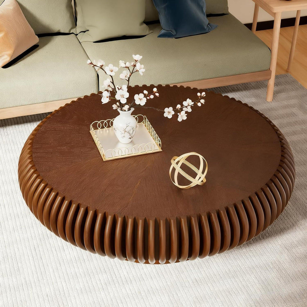 Round Drum Coffee Table Modern Coffee Tables Fluted Coffee Table Circle Center Table Pedestal End Table for Living Room Bedroom(Walnut 39.4in)