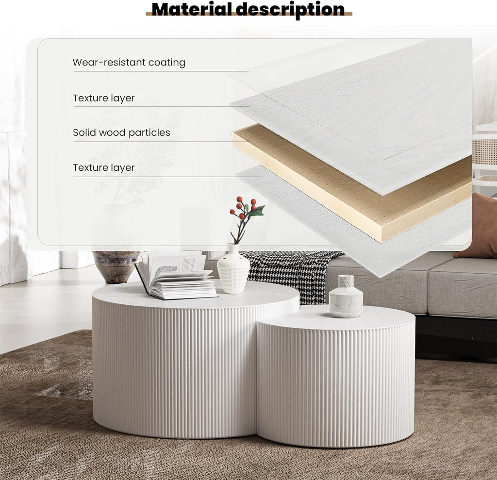 Round Coffee Table Set of 2 Modern Nesting Coffee Tables for Living Room Wave Stripe Round Coffee Table for Living Room Bedroom (B)