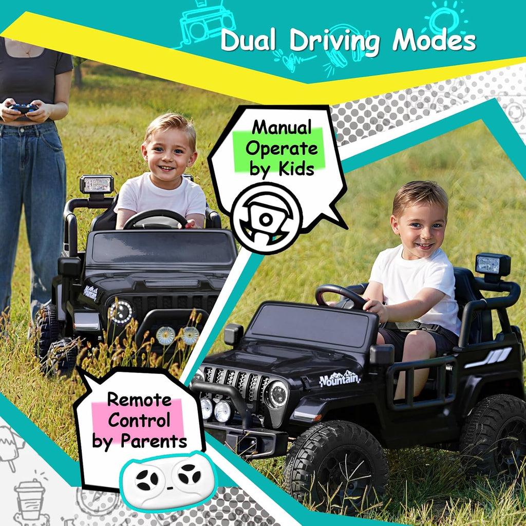 Joywhale 12V Kids Ride on Truck Battery Powered Motorized Car Electric Vehicle for Kids, with Remote Control, 4-Wheel Suspension, LED Lights, Music & FM, Seat Belt, Portable Handle, Black