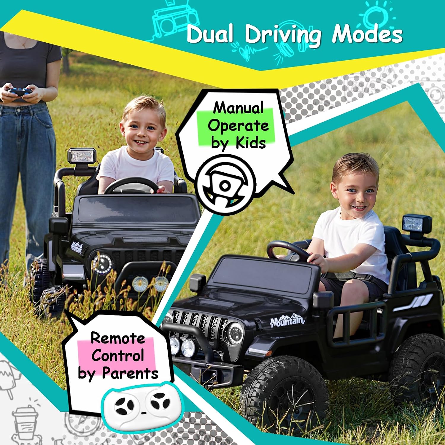 Joywhale 12V Kids Ride on Truck Battery Powered Motorized Car Electric Vehicle for Kids, with Remote Control, 4-Wheel Suspension, LED Lights, Music & FM, Seat Belt, Portable Handle, Black