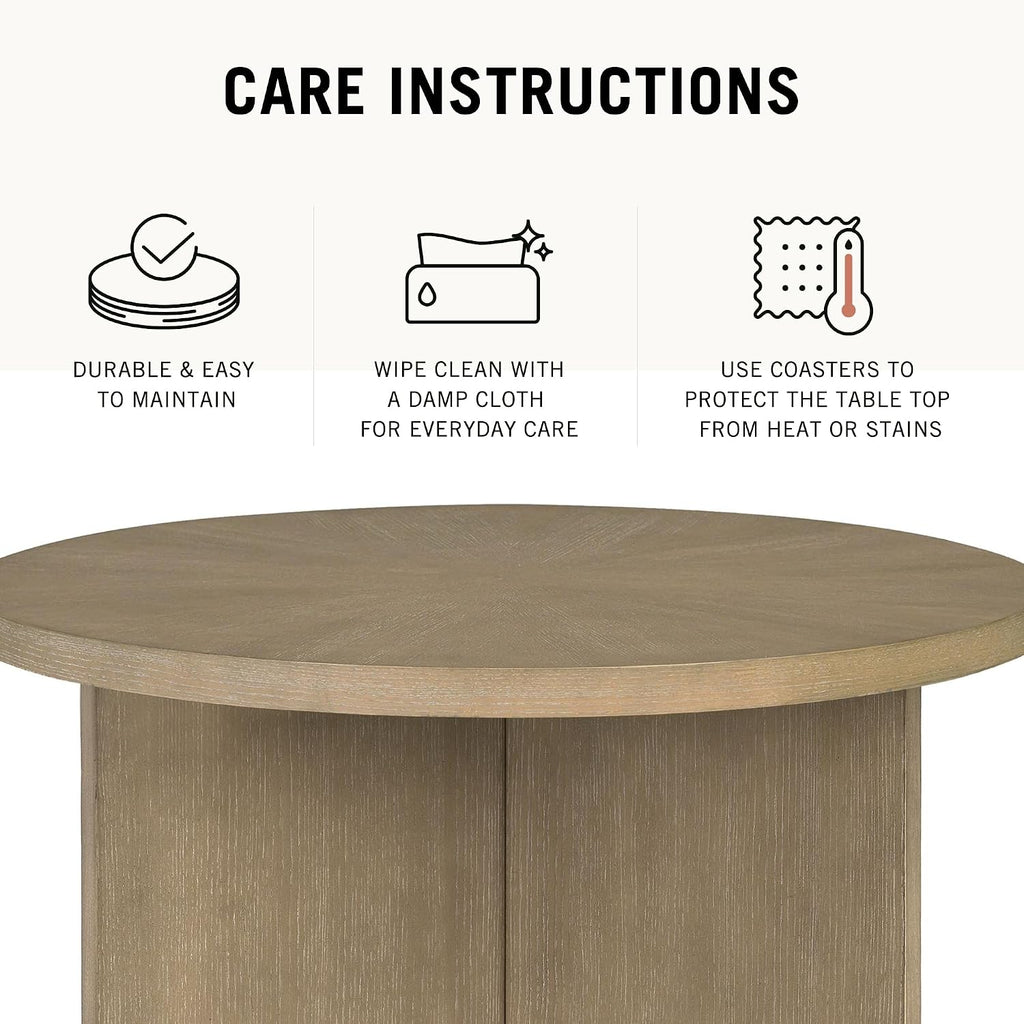 Martha Stewart Sadie Round Coffee Table – Starburst Veneer Top, Reclaimed Greige Wood Finish, Modern Accent for Living Room, Lounge, or Sitting Area, 22' x Dia 24' H