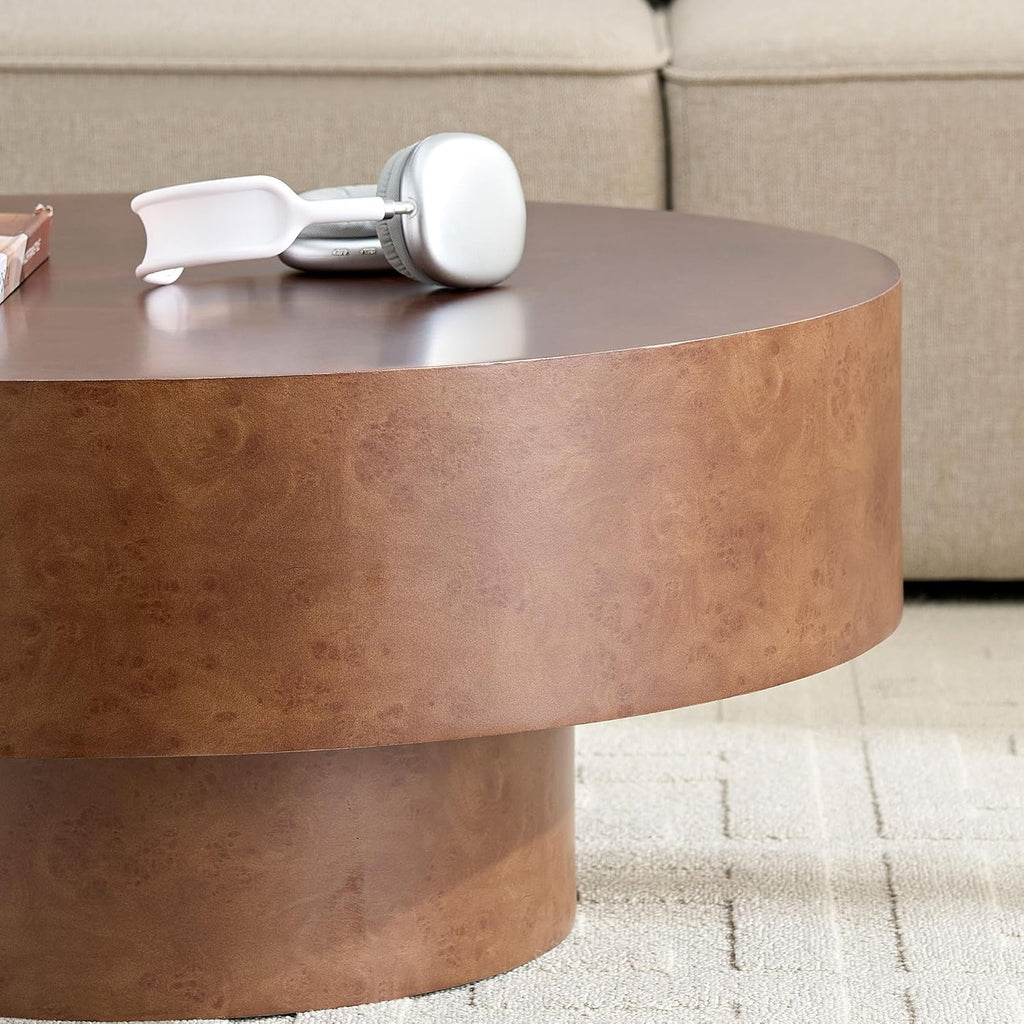 Round Coffee Table, 31.49' Faux Burl Wood Pattern Center Table with Sturdy Pedestal for Living Room Apartment Office, Walnut