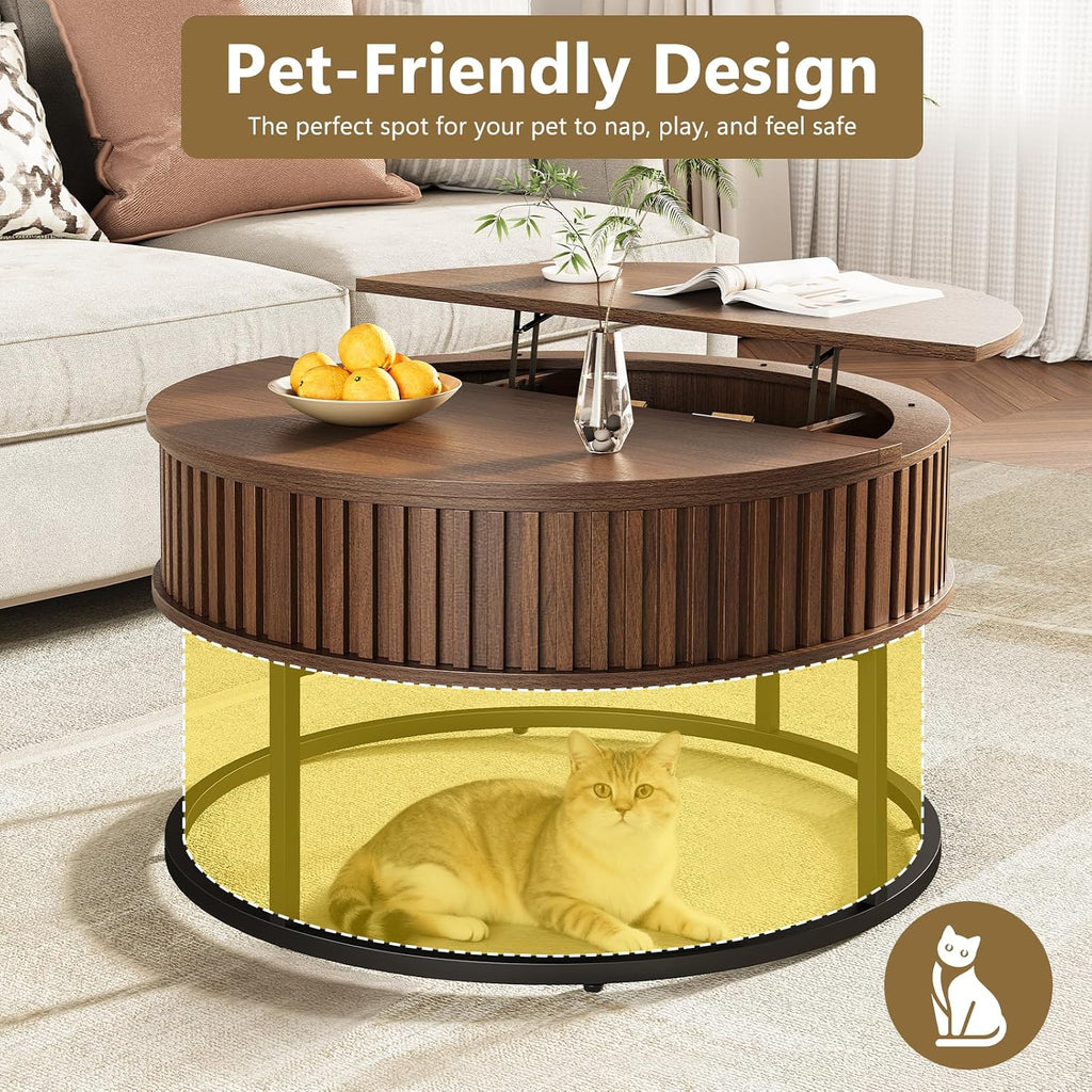 Round Coffee Table with Lift Top - Fluted Wood Center Coffee Tables for Living Room, Lifting Up for Dining, Large Hidden Circle Storage Compartment for Small Spaces, Mid Century Modern