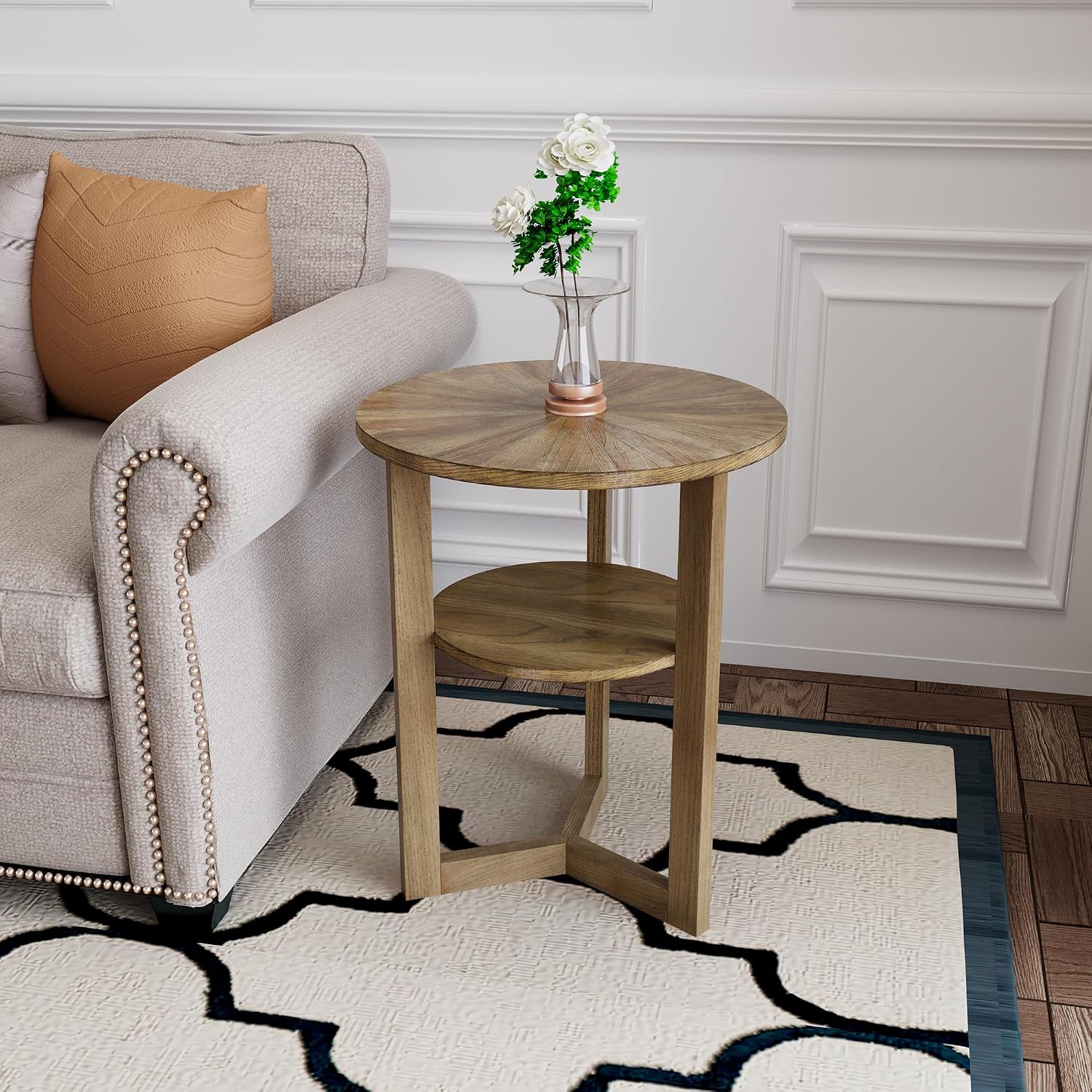 PADMA HOUSE 19.3' Round Wood End Table, 2-Tier Solid Wood Rounded Accent Side Table Circle Nightstand Table with Storage Shelf Vintage Furniture for Home Living Room Bedroom,Rustic Natural 3338