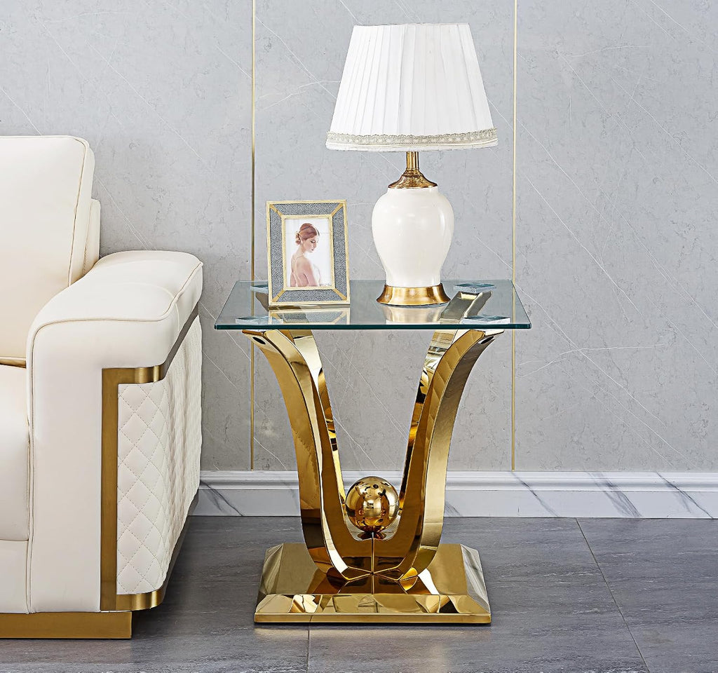 Modern Gold Glass End Table, Sqaure Sofa Side Table with Tempered Glass Top & Gold Stainless Steel Frame, Luxury Glass Accent End Table Bedside Table Nightstand for Living Room Bedroom