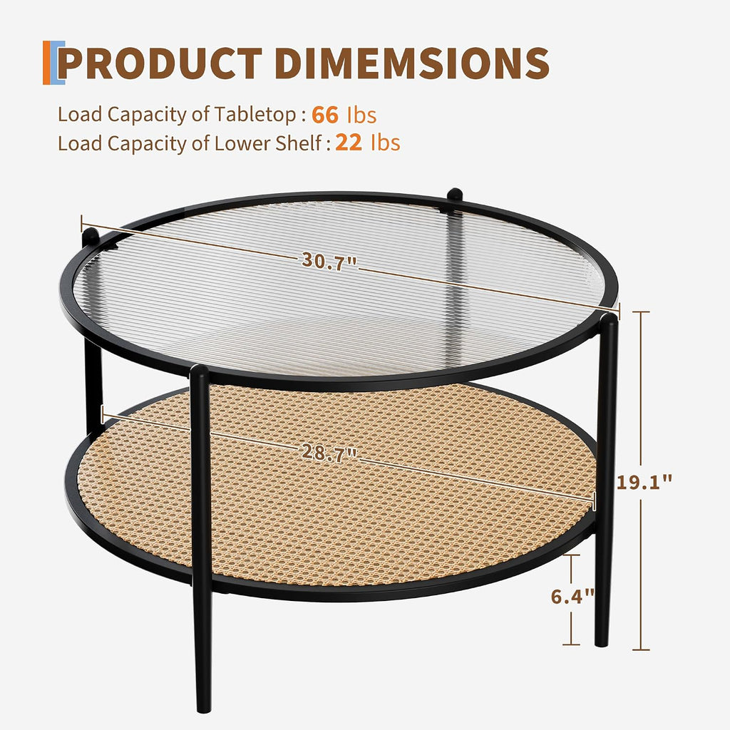30' Round Rattan Coffee Table, 2-Tier Black Gold Glass Storage Center Table for Living Room, Modern Circle Small Round Coffee Table with Tempered Water-Wave Glass Top & Metal Frame for Bedroom, Office