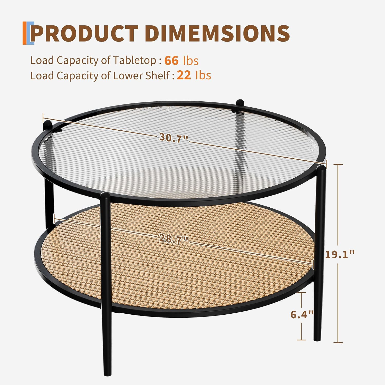 30' Round Rattan Coffee Table, 2-Tier Black Gold Glass Storage Center Table for Living Room, Modern Circle Small Round Coffee Table with Tempered Water-Wave Glass Top & Metal Frame for Bedroom, Office