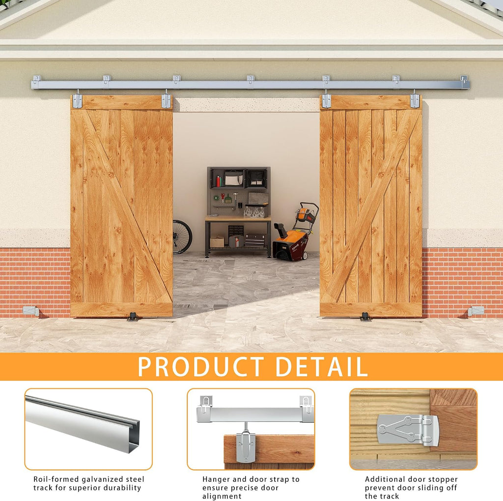 SongYung12FT Box Rail Exterior Barn Door Hardware Kit for 2 Doors, Sliding Heavy Duty Barn Door Track, Wall Mount Barn Door Hardware with 7 Track Brackets,Sliver(Doors NOT Include)