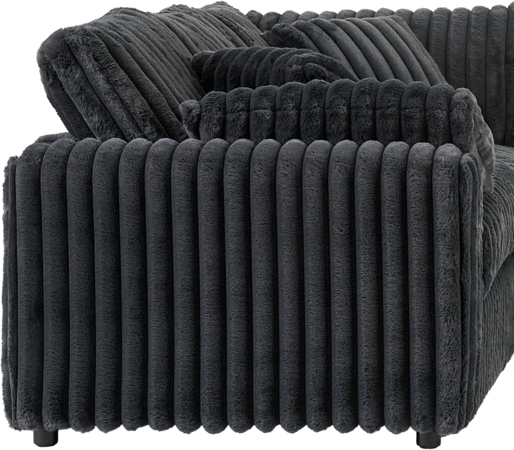Roundhill Furniture Belvoir 3-Piece Living Room Set, Sofa Cuddle Chaise and Ottoman, Charcoal
