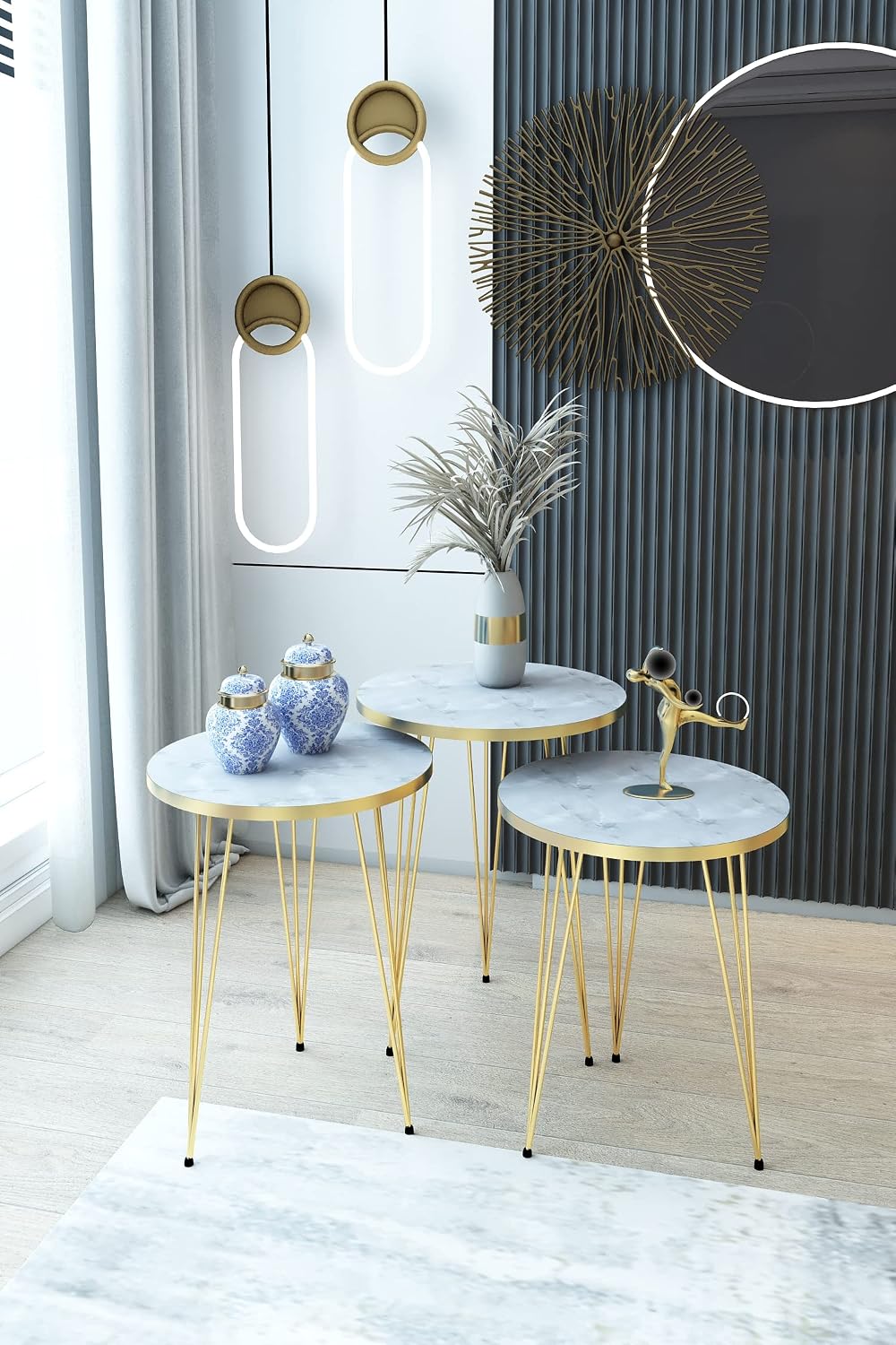 Set of 3 High Gloss White Marble Gold Legs Nesting End Tables Round Wood Stacking Coffee Side Accent Table with Metal Legs for Living Room, Home Office, Nightstands for Bedroom