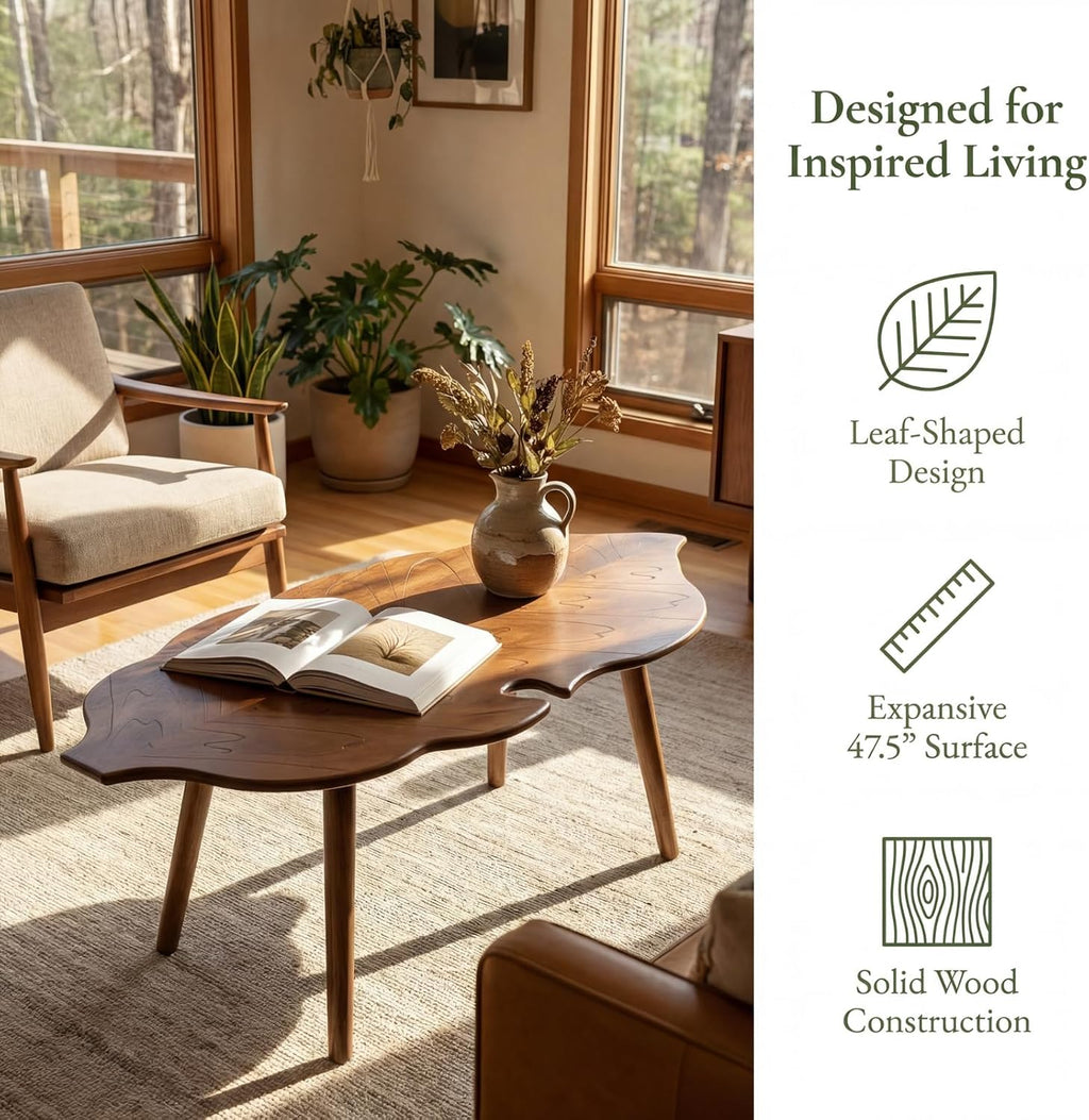 HNY Modern Coffee Table for Living Room, Brown Wood Coffee Table Farmhouse Center Table Vivid Leaf Table End Table with Rustic Grain Side Table with Wood Leg for Bedroom Office Cafe Small Space