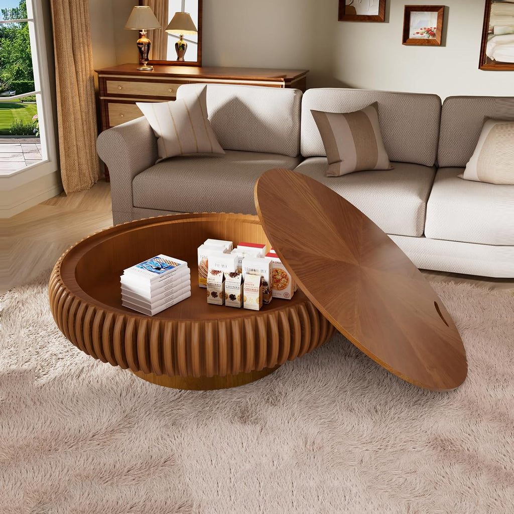 31.5' Round Drum Coffee Table with Hidden Storage, Modern Fluted Coffee Tables with Solid Wood Veneer, Wooden Circle Center Table for Living Room, Small Spaces, and Apartments, Easy Assembly