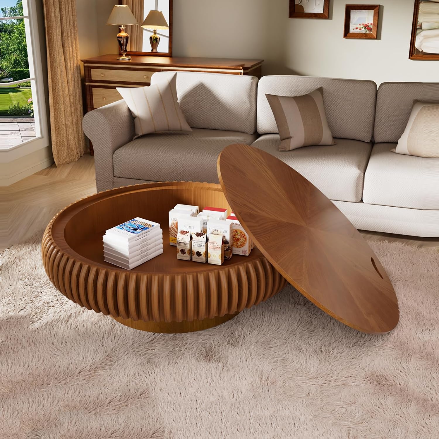 31.5' Round Drum Coffee Table with Hidden Storage, Modern Fluted Coffee Tables with Solid Wood Veneer, Wooden Circle Center Table for Living Room, Small Spaces, and Apartments, Easy Assembly