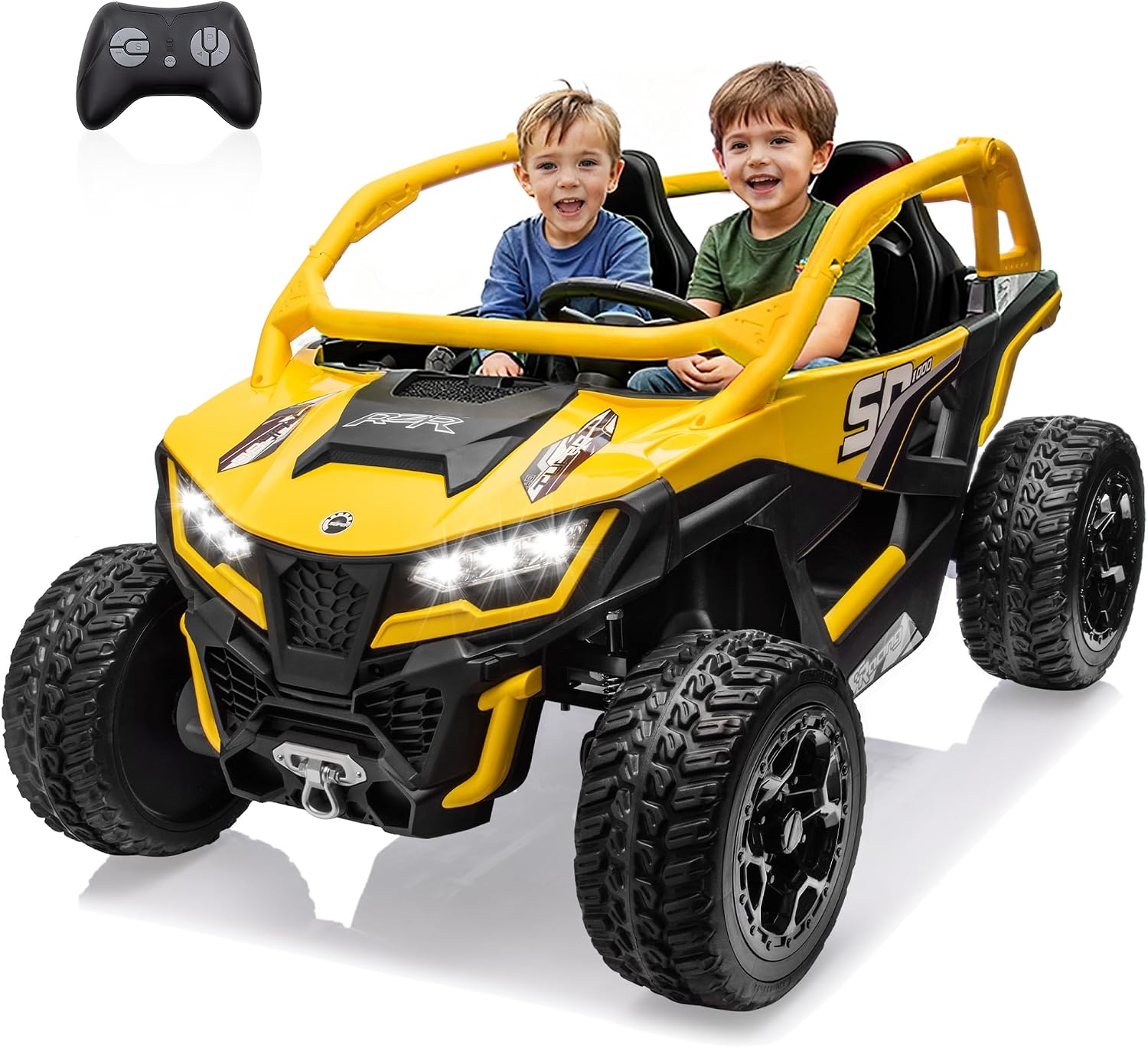 wanan XL 24V 10AH Ride on Toys for Big Kids Real 2-Seater, 4x4 4WD Motor Ride on Car Kid UTV for Kids 3-8, Remote Control, Bluetooth Music, 4 Spring Suspension, 22' Spacious Seats (Yellow)