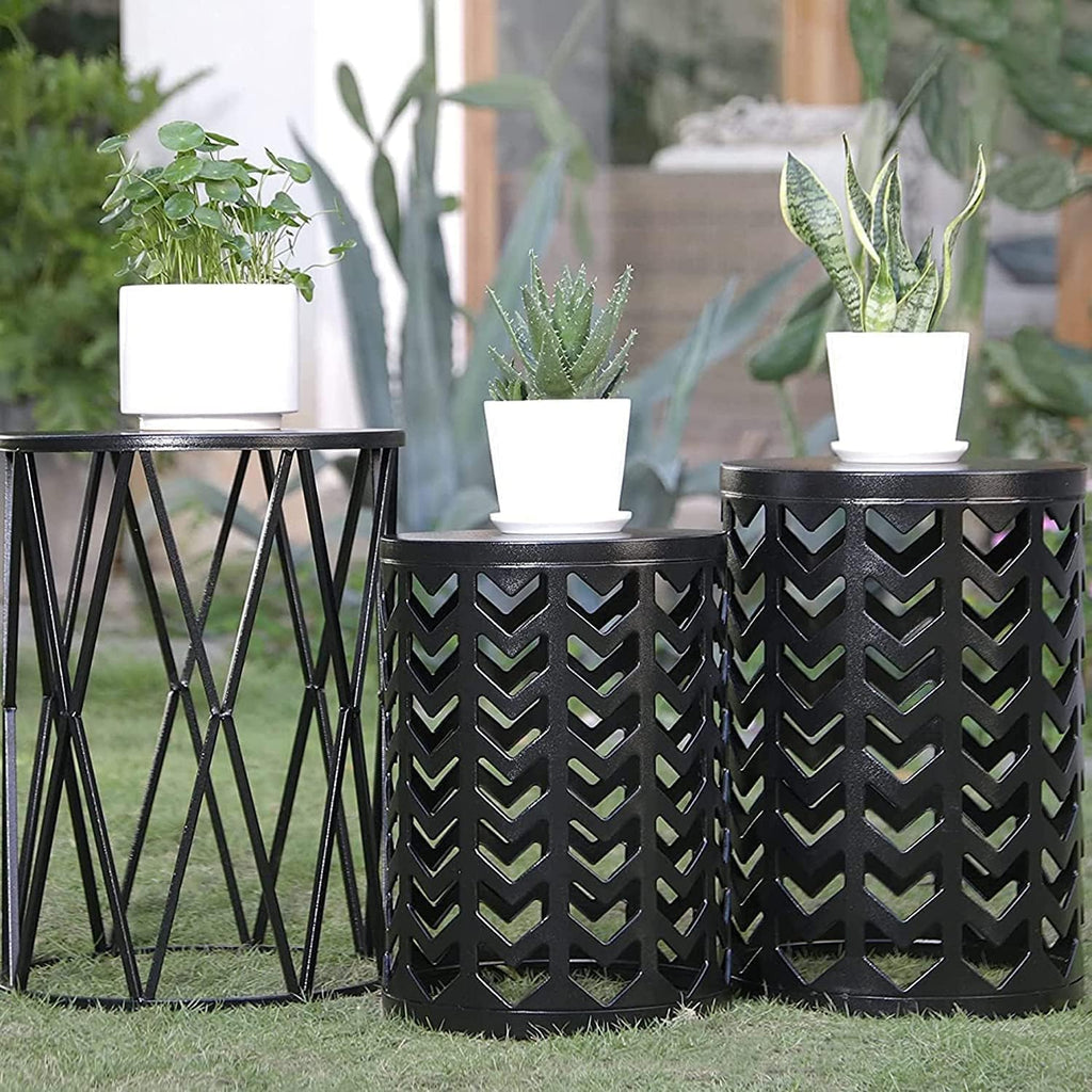 HFHOME Multifunctional Nesting Round Metal Coffee End Tables, Set of 3 Modern Furniture Nightstands Decor Side Tables Plant Stand for Home Office Indoor Garden Outdoor- Pure Black