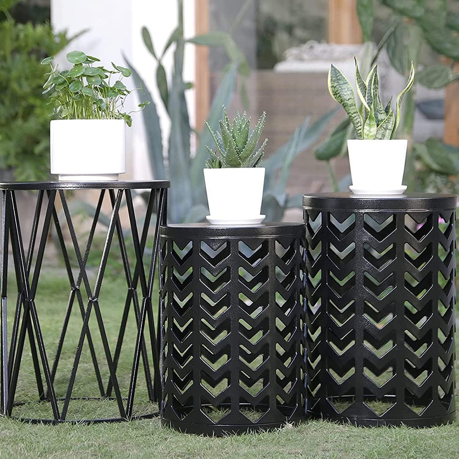 HFHOME Multifunctional Nesting Round Metal Coffee End Tables, Set of 3 Modern Furniture Nightstands Decor Side Tables Plant Stand for Home Office Indoor Garden Outdoor- Pure Black