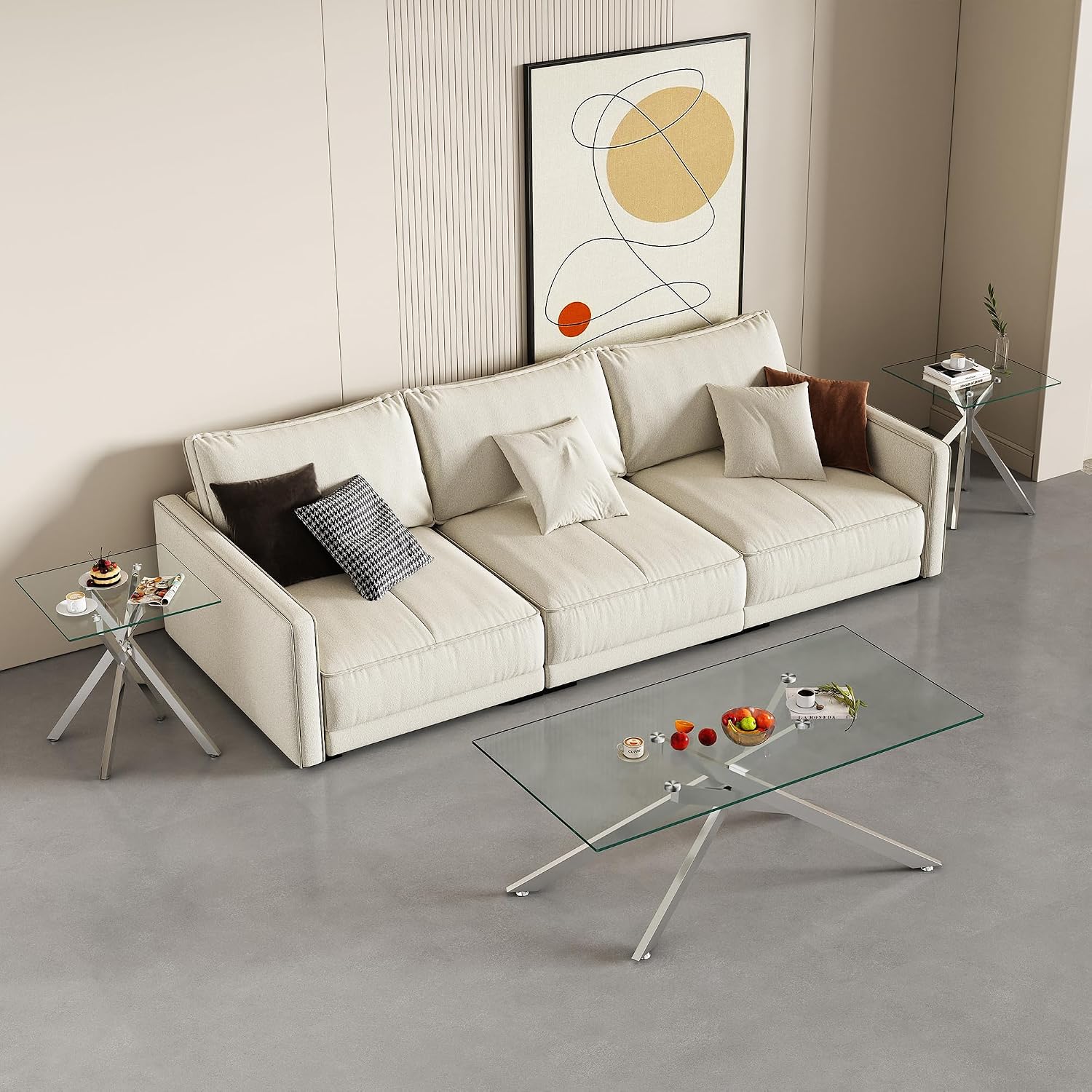 IANIYA Living Room Set - Glass Coffee Table and 2 End Tables with Modern Design Set of 3 (Large Coffee Table + End Table x2, Silver)
