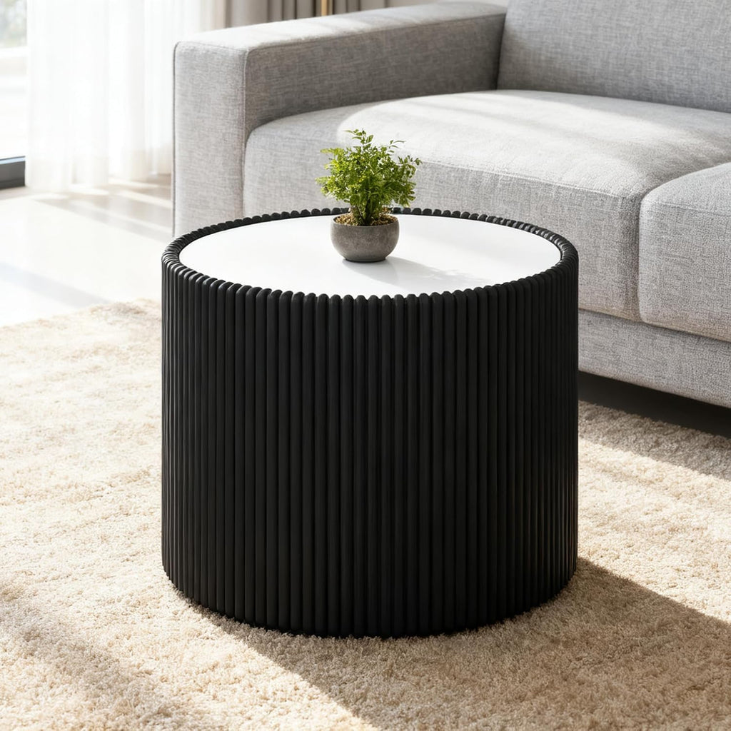 Modern Round Coffee Table Set of 2 Luxury Sintered Stone Top Coffee End Table in Grey/Black Leatherette Drum-Shape Small Coffee Side End Tables for Living Room,Fully Assembled