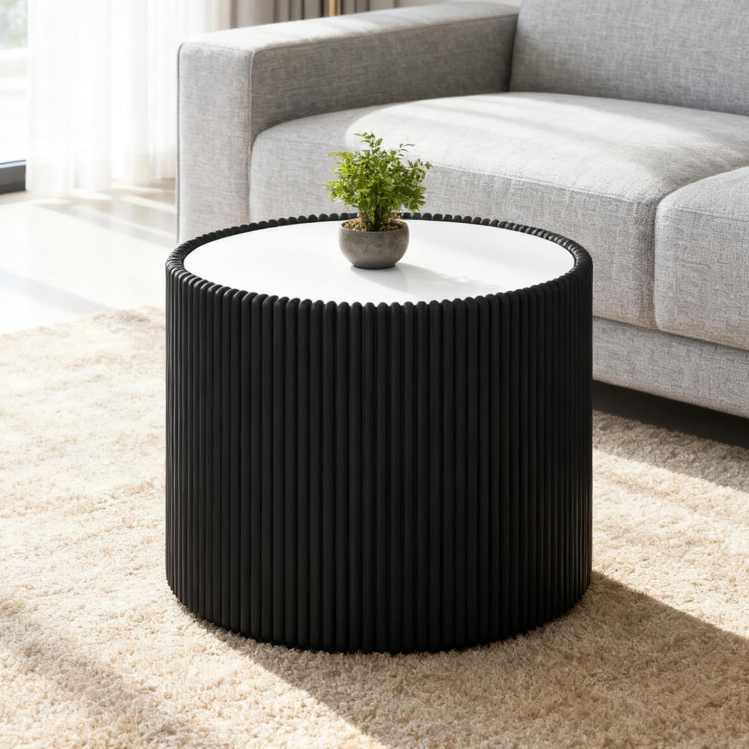 Modern Round Coffee Table Set of 2 Luxury Sintered Stone Top Coffee End Table in Grey/Black Leatherette Drum-Shape Small Coffee Side End Tables for Living Room,Fully Assembled