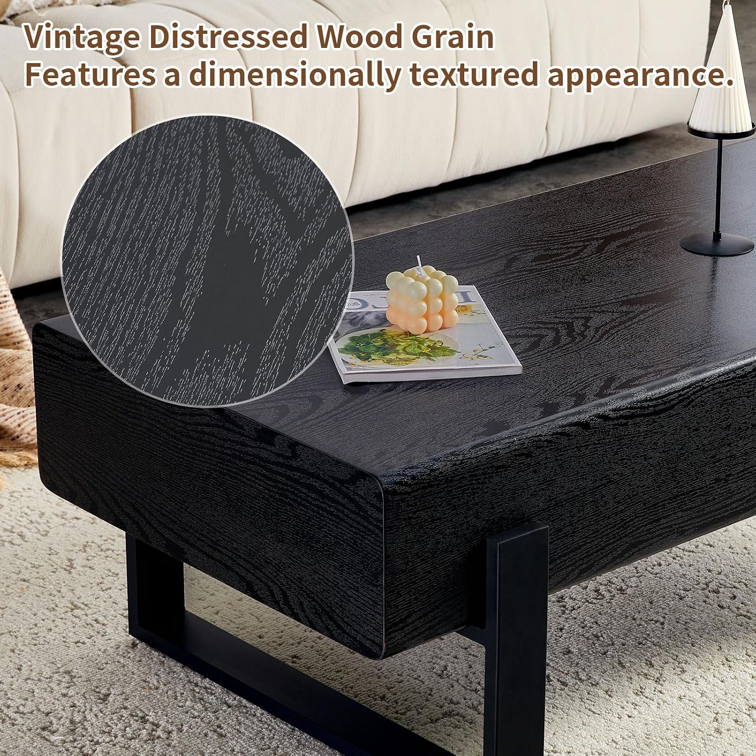 47.24' Rectangle Coffee Table, Wood Coffee Table Center Table with 7.8' Thick Tabletop Metal Legs Rounded Corners for Living Room Office, Black