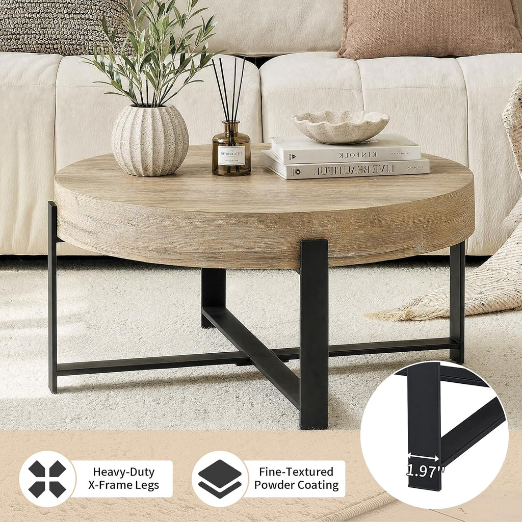 Round Coffee Table, Small Wood Coffee Table with Storage, Modern Rustic Distressed Wood Grain Circle Tables Accent Center Tables for Living Room Apartment Small Space (31.5''D-Retro Natural)