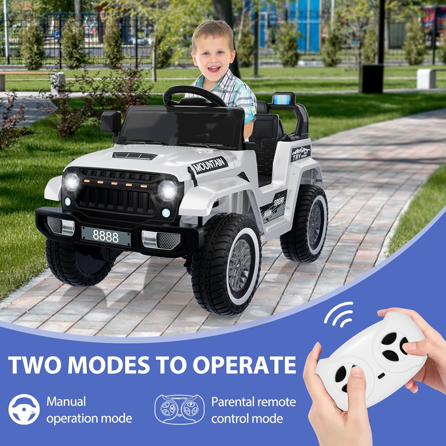 Garvee 12V Kids Ride On Truck Car, Battery Powered Electric Vehicles with Remote Control, Spring Suspensions, 3 Speeds, LED Lights, Music, MP3, Ride On Toy Car for Children Toddles Boys Girls, White