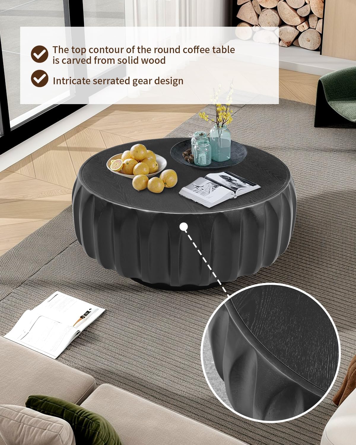 31.5' Drum Coffee Table Modern Unique Fluted Tea Table Contemporary Wood Round Coffee Table with Fluted Centry Table for Living Room Black