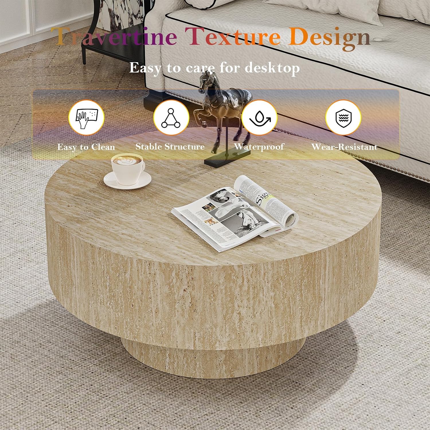 Round Travertine Coffee Table, with Large Tabletop & Base, Mid Century Rustic Circle Wood Center Table for Living Room Farmhouse Apartment, Easy Assembly (B)
