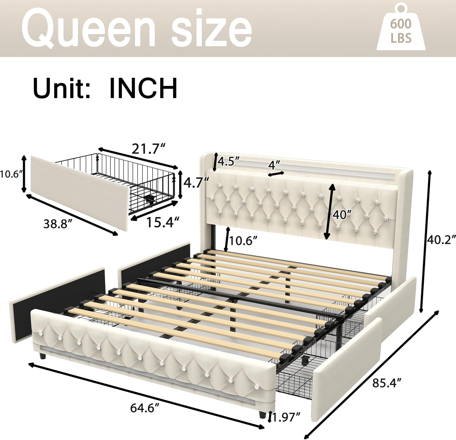 Music Player Bed with Bluetooth Speakers, Queen Size Smart Bed, Multi-Color LED Lighting,USB&Type C Charging Ports,4 Storage Drawers,Velvet Bed Frame with Headoard,Wooden Slats (Beige, Queen)