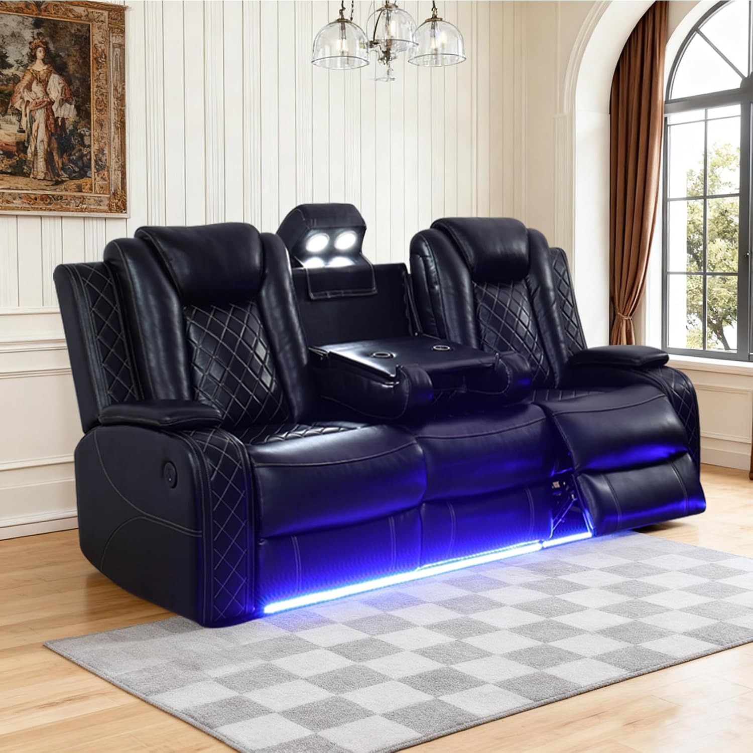 Power Leather Recliner Sofa with LED Lights, Power Reclining Couch,Leather Sofa with Coffee Table/Arm Storage for Living Room/Home Theater(Black,3 Seater)