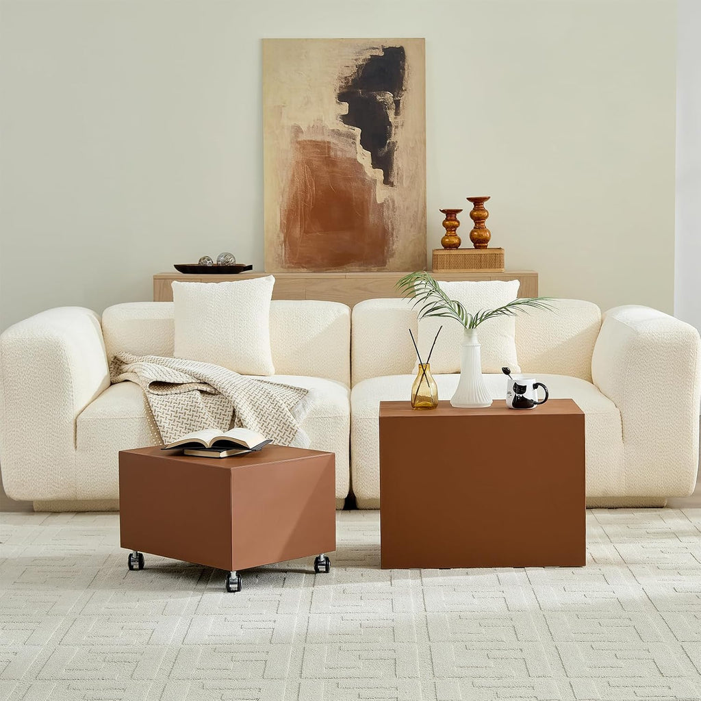 23.62' Modern Leather Coffee Table Set, Minimalist Center Table with Wheels, Wooden Coffee Table Sets for Living Room, Apartment, Office, Bedroom, Brown