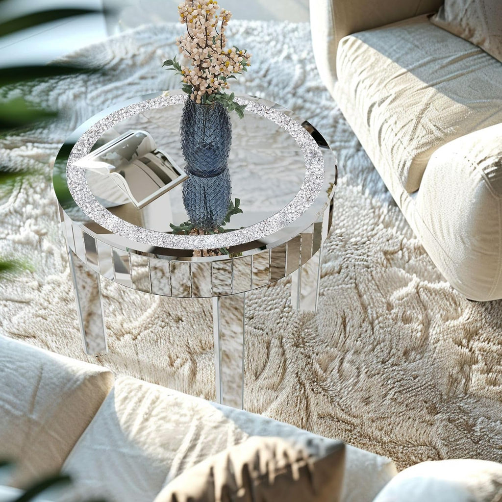 Silver Mirror Accent Table: 23.6 inch Round Mirrored Glass Tabletop Crushed Diamond