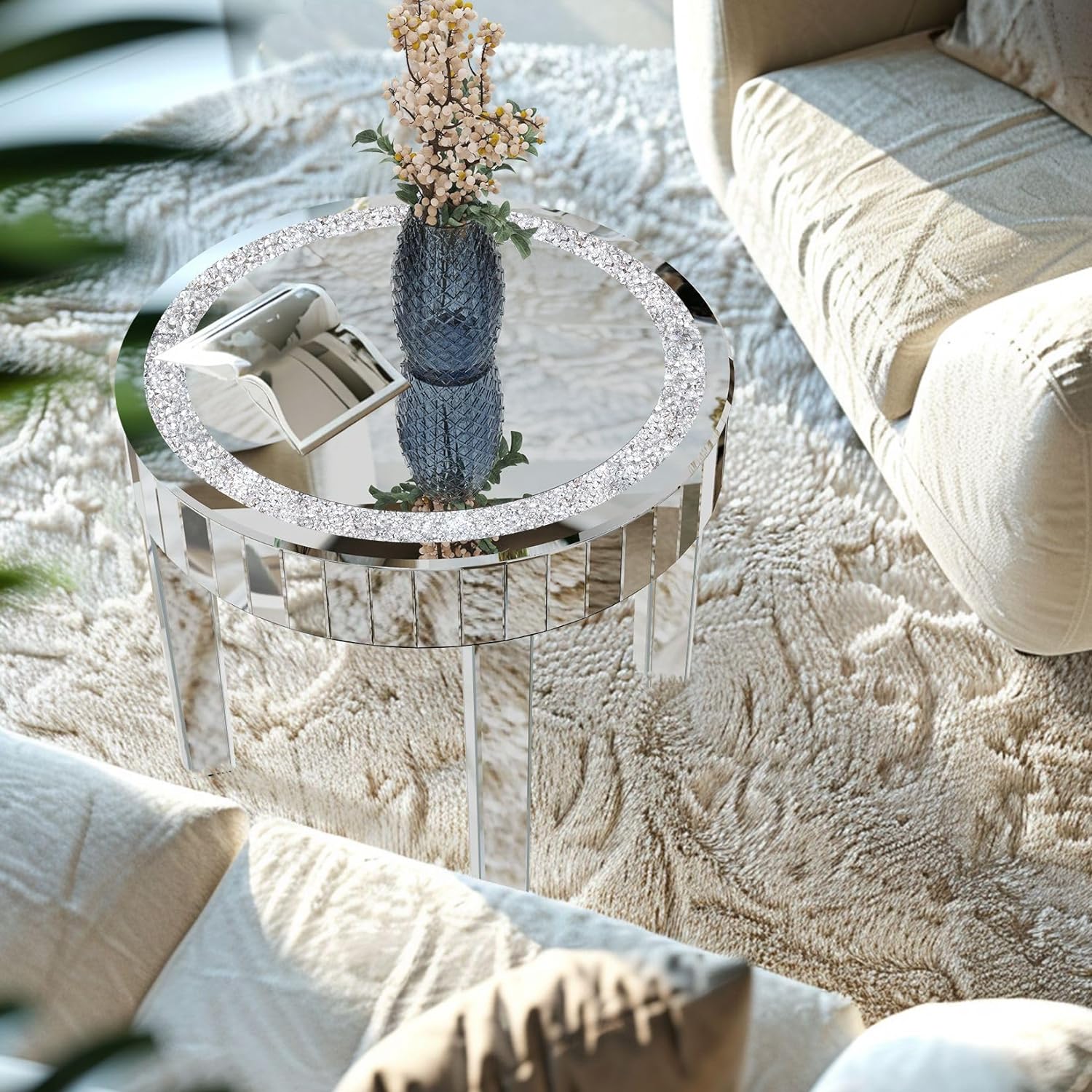 Silver Mirror Accent Table: 23.6 inch Round Mirrored Glass Tabletop Crushed Diamond