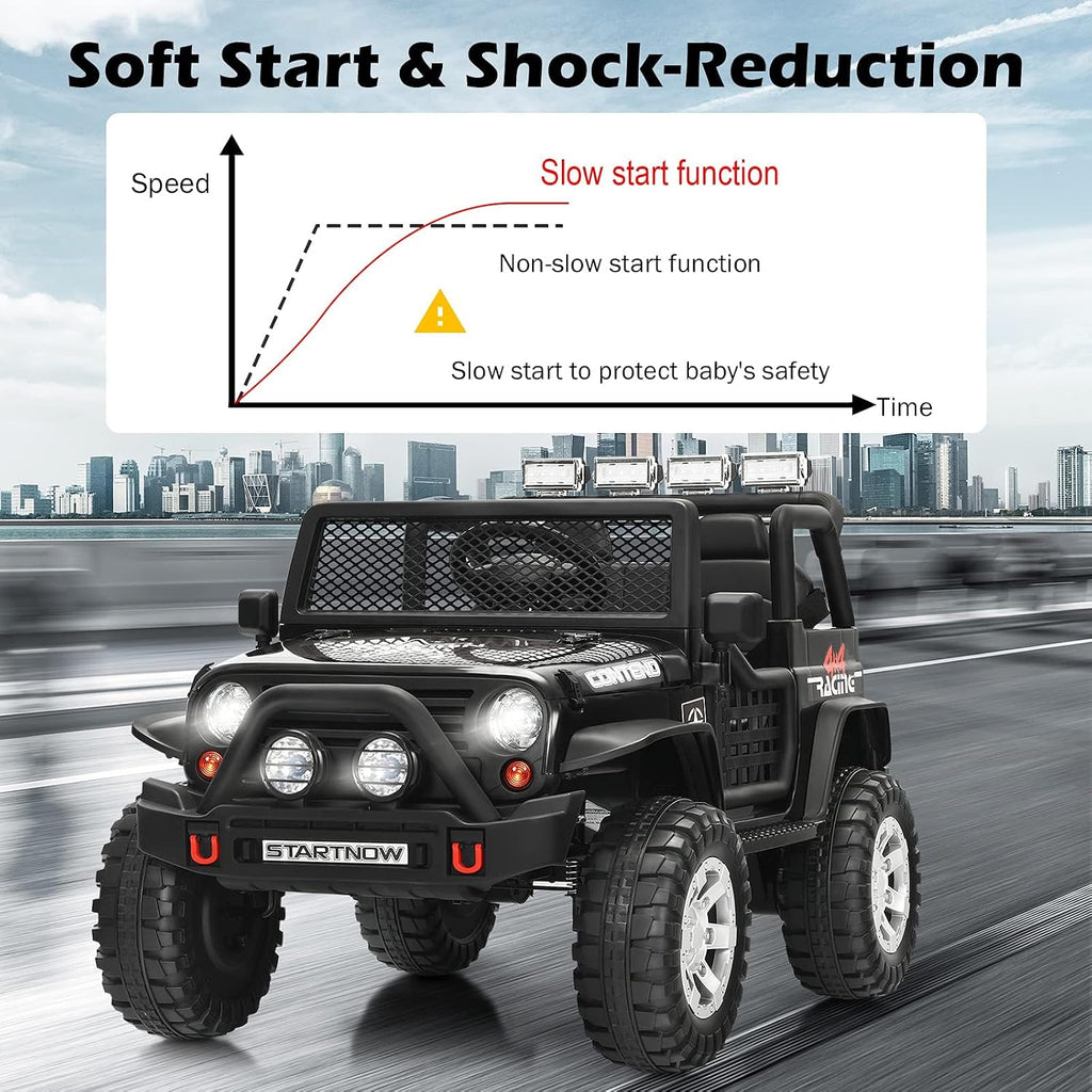 Costzon 2-Seater Ride on Truck, 12V Battery Powered Electric Vehicle w/Remote Control, 2 Speeds, Spring Suspension, LED Light, Horn, Music/ MP3, 2 Doors Open, Ride on Car for Kids (Black)