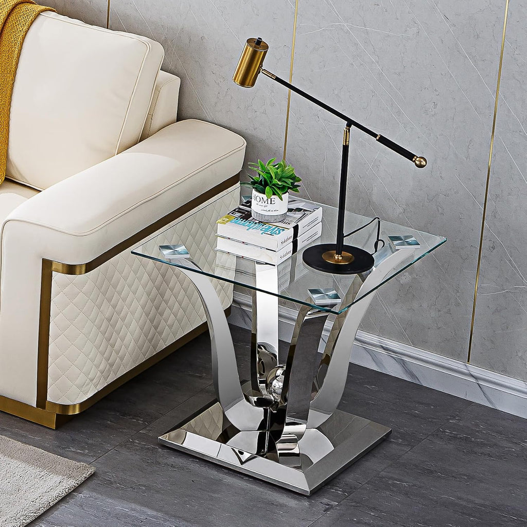Modern Silver Glass End Table, Sqaure Sofa Side Table with Tempered Glass Top & Silver Stainless Steel Frame, Luxury Glass Accent End Table Bedside Table Nightstand for Living Room Bedroom