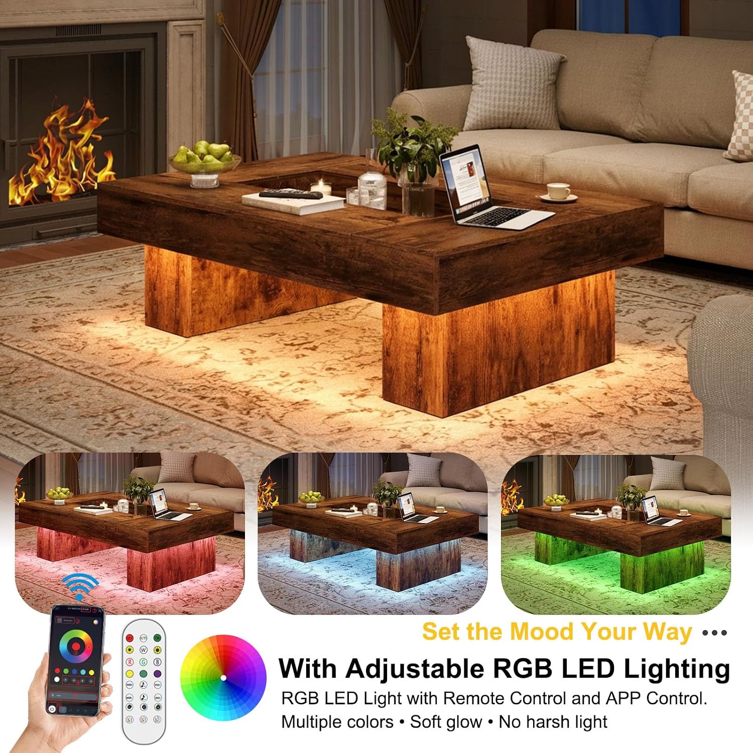 LVB Rustic Coffee Table, Large Wood Living Room Table with Storage, Modern Long Rectangle Led Center Table, Farmhouse Unique Low Wide Tea Table with LED Light for Home Office, 47.24 in, Rustic Brown