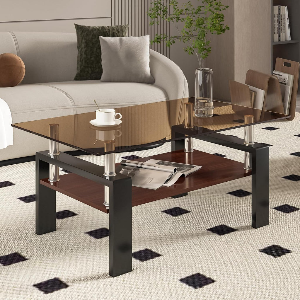 Glass Coffee Table Sets of 3 for Living Room, Mordern End Tables with Storage, Walnut Wooden Shelves & Black Metal Leg, Rectangle Center Table for Small Space Apartment (Brown+Black)