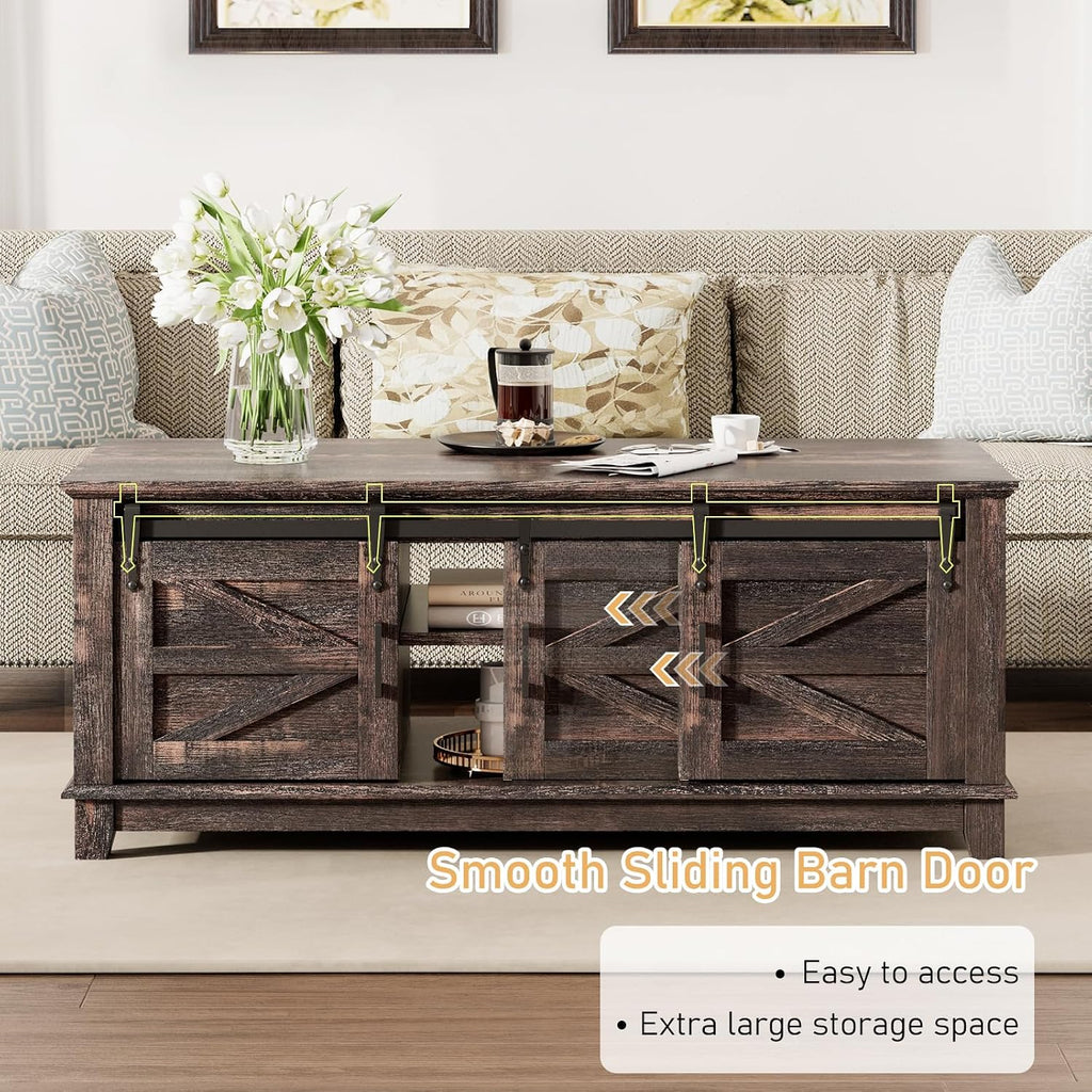LUXOAK Farmhouse Table Set of 3, Coffee Table with Sliding Barn Doors, End Tables Set of 2 with Charging Station for Living Room & Bedroom, Sliding Barn Doors, 2 Tiers Storage Drawer, Dark Rustic Oak