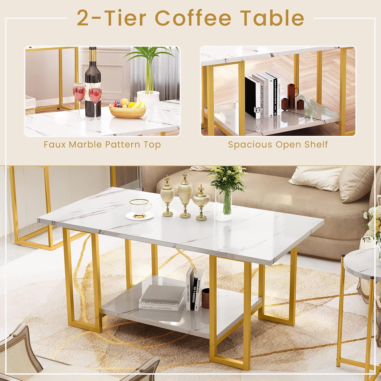 Lamerge 3pcs Living Room Table Set, Faux Marble Coffee Table with Round End Side＆Console Table, Modern White Coffee Table Set with Gold Metal Frame for Home Living Room Office Entryway, Round End