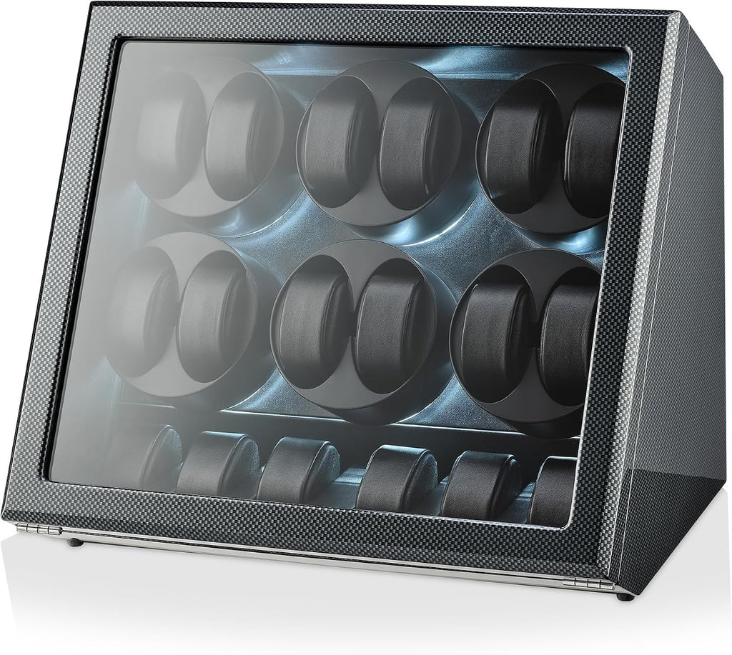 TIMECUBE 12 Watch Winder with 6 Storage Slots, LED Light and Automatic Motor-Stop