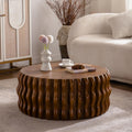 31.5'' Round Drum Coffee Table, Modern Mid-Century Circle Fluted Wood Coffee Table for Living Room, Sturdy Pedestal & No Assembly, Walnut
