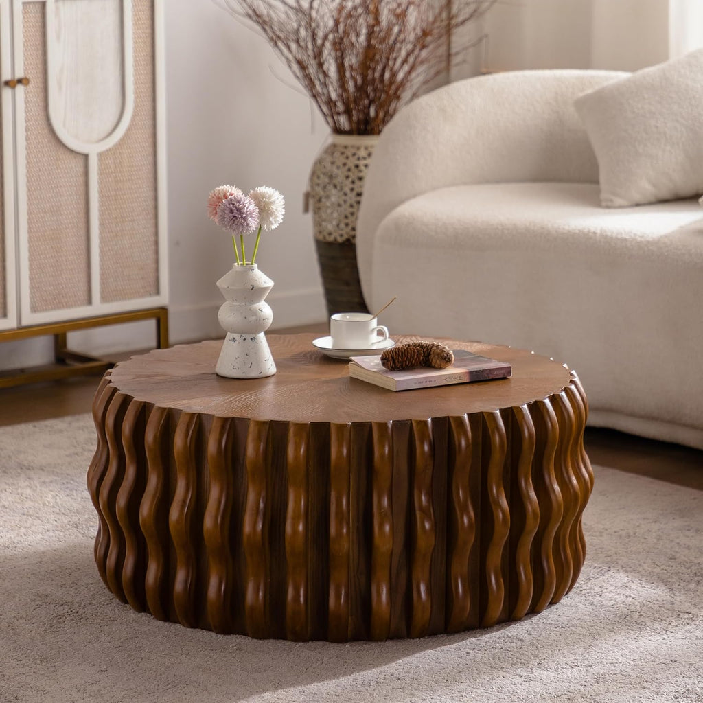38.58'' Round Drum Coffee Table, Modern Mid-Century Circle Fluted Wood Coffee Table for Living Room, Sturdy Pedestal & No Assembly, Walnut